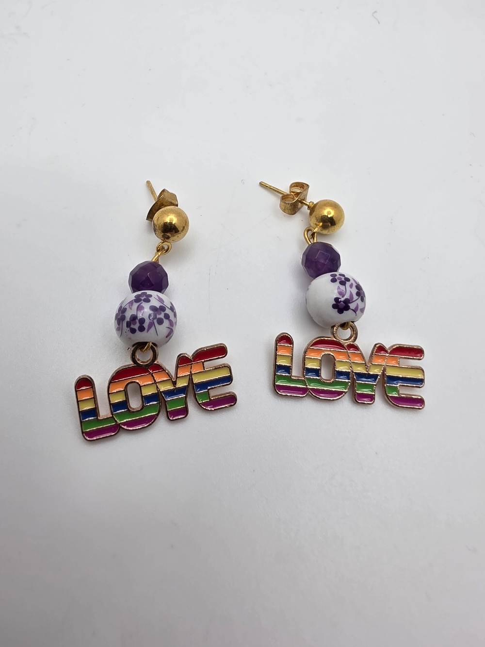 Gold-Tone Purple Bead Rainbow LOVE Drop Earrings